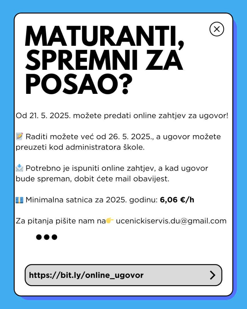 Maturanti od danas mogu dobiti ugovor o povremenom radu, potrebno je samo ispuniti online zahtjev. Više u nastavku.
