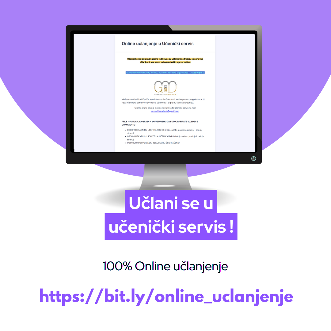Učenički servis neće raditi 19.6. (Tijelovo) i 20.6.  Za sve upite možete se obratiti na mail ucenickiservis.du@gmail.com