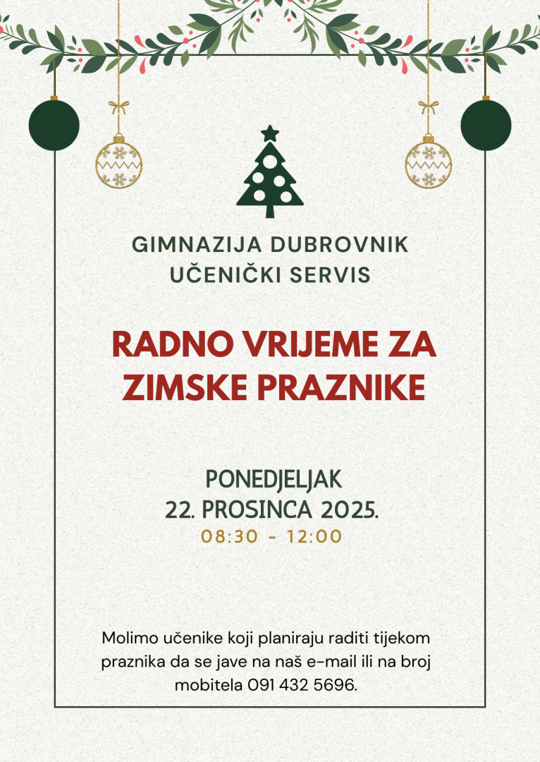 Molimo sve učenike koji planiraju raditi tijekom praznika da pročitaju obavijest.